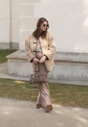 Maxi dress, cashmere sweater, leather bag