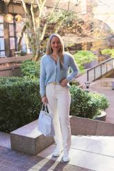 Spring Trend: Icy Blue Cardigan & Goyard St Louis PM Tote