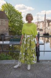 Wide green and white floral skirt