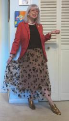 Brick Red and Velvet Floral Tulle