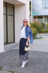 Transitional Style: Embroidered Midi Skirt + White Booties