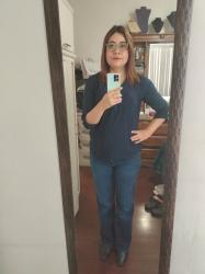 Outfit propio: Blusa azul de manga ¾ + jeans azul clásico-acampanados.